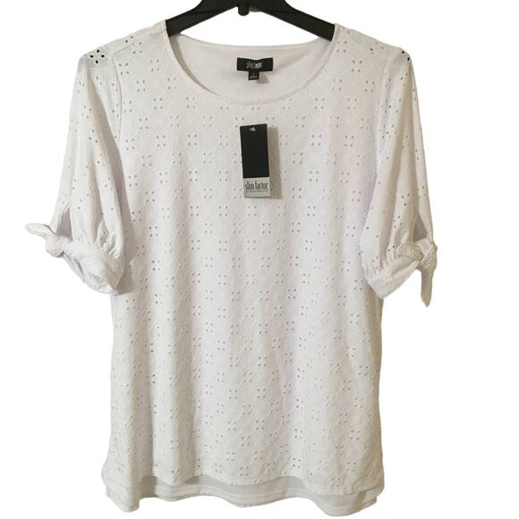 NWT Slim Factor by Investments Small Women’s Top White Hi Lo Eyelet Tied Sleeves - Picture 1 of 6